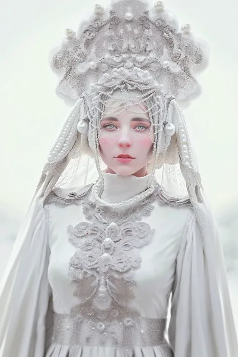 medium shot, <lora:sl4v1ccr0wn_multi_2-000009:1.0> sl4v1ccr0wnwh1t3, sl4v1ccr0wn3y3s, an attractive woman in a long sleeve, white wool pearl beaded sarafan dress with an enormous elaborate white Russian kokoshnik slavic crown on her head and a veil on her head, pearls, silver, white, standing in the snow on a rocky hill, high key, <lora:to8highkey-1-5:0.2> to8highkey style, depth of field, blurry background, PA7_Portrait-HL_v2
