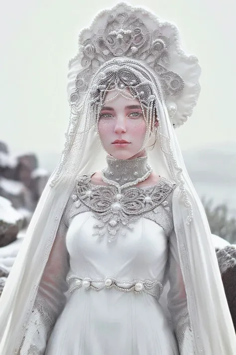 medium shot,   sl4v1ccr0wnwh1t3, sl4v1ccr0wn3y3s, an attractive woman in a long sleeve, white wool pearl beaded sarafan  dress with an enormous elaborate white Russian kokoshnik slavic crown on her head and a veil on her head, pearls, silver, white, standing in the snow on a rocky hill, high key,  <lora:to8highkey-1-5:0.2> to8highkey style, depth of field, blurry background, PA7_Portrait-HL_v2 <lora:sl4v1ccr0wn_multi-000007:1>