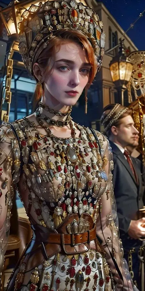closeup, attractive shapely ginger wearing mcqm3shdr3ss dress , hair slicked back, slender, fashion model, tall crown, disk vrown, chains, tassels, facing viewer, surrounded by admiring men in suits, jewelry, short hair, (breasts:0.7), dark sky, streetlights, smile <lora:mcqm3shdr3ss-000008:0.9> <lora:sl4v1ccr0wn_multi_2:0.9> sl4v1ccr0wn3y3s