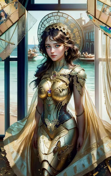 In Casey Baugh's evocative style, art of j3nn1f3r8 cyborg with long brown hair, futuristic, scifi, intricate, elegant, highly detailed, majestic, Baugh's brushwork infuses the painting with a unique combination of realism and abstraction, greg rutkowski, surreal gold filigree, broken glass, (masterpiece, sidelighting, finely detailed beautiful eyes: 1.2), hdr, realistic painting, natural skin, textured skin, closed mouth,butterfly filigree, chest armor, eye makeup, robot joints, long hair moved by the wind, window facing to another world, Baugh's distinctive style captures the essence of the girl's enigmatic nature, inviting viewers to explore the depths of her soul, award winning art <lora:j3nn1f3r8_v6-000005:1> <lora:sl4v1ccr0wn_multi_2:1> sl4v1ccr0wn3y3s, butterfly jeweled gold filigree