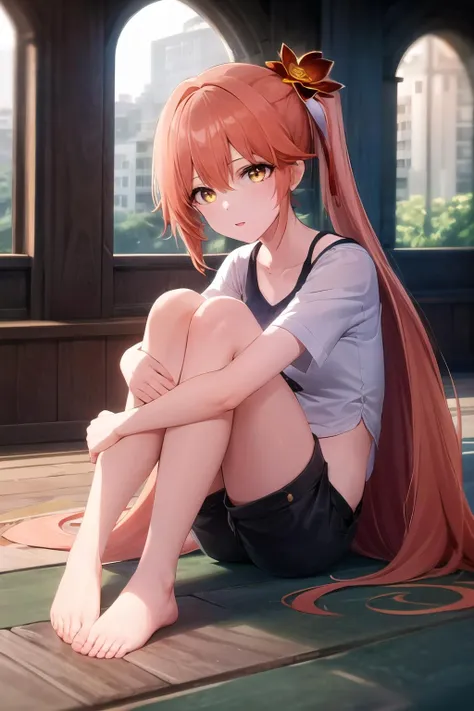 The girl is barefoot with the soles of her feet facing forward