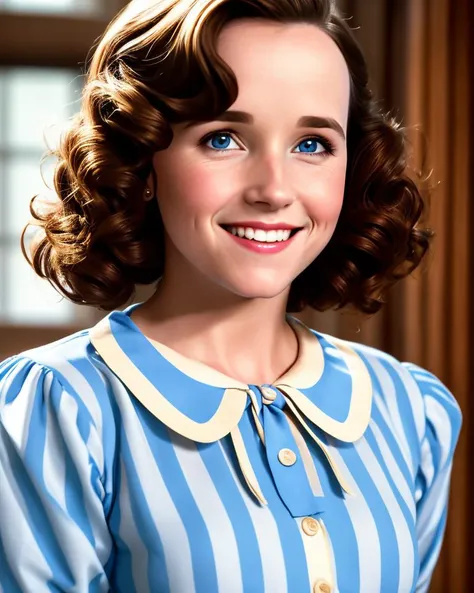photo of (LorraineBaines:0.99) with a wry grin, Wearing a blue and white striped blouse with a matching bow, detailed face, (grin dimple:1.1), realistic skin, high quality, (brown eyes:1.1), Leica 50mm, f1. 4, natural light, grainy, (high detailed skin:1.2)