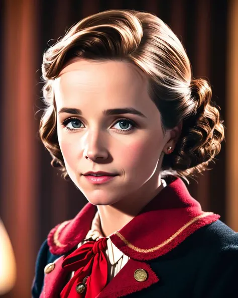photo of (LorraineBaines:0.99) Wearing a black blouse, with a red blazer, with a cameo brooch, detailed face, realistic skin, high quality, (brown eyes:1.1), Leica 50mm, f1. 4, natural light, grainy, (high detailed skin:1.2)