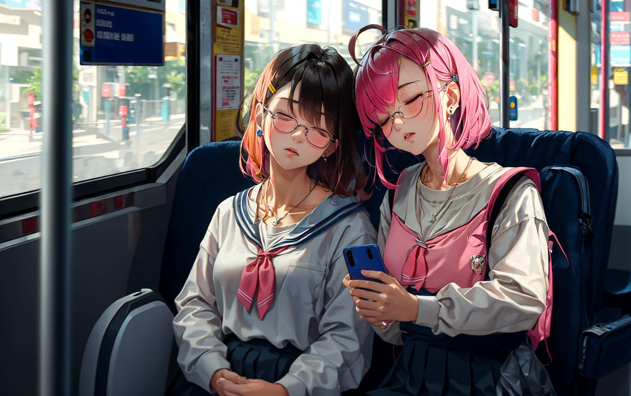(masterpiece:1.3),(best quality:1.2),8k,absurdres,unity 8k wallpapper,(extremely detailed:1.3),highestres,highres,Amazing,illustration,beautiful studio soft light,stunningly beautiful,incredibly absurdres,vibrant details,cinematic lighting,moody lighting,pixiv,award-winning, professional, highly detailed,perfect detailed face,
transportation_by_window, long hair, blush, short hair, multiple girls, skirt, brown hair, shirt, hair ornament, long sleeves, holding, 2girls, jewelry, sitting, school uniform, collarbone, closed eyes, white shirt, pink hair, ahoge, earrings, parted lips, food, glasses, serafuku, solo focus, day, hairclip, signature, black skirt, sailor collar, necklace, bag, neckerchief, mouth hold, phone, sleeping, backpack, cellphone, x hair ornament, ground vehicle, smartphone, faceless, holding phone, black sailor collar, pocky, hair over eyes, blue neckerchief, train interior, faceless female, pink-framed eyewear, sleeping upright, train station, bus
<lora:transportation_by_window-20:1>