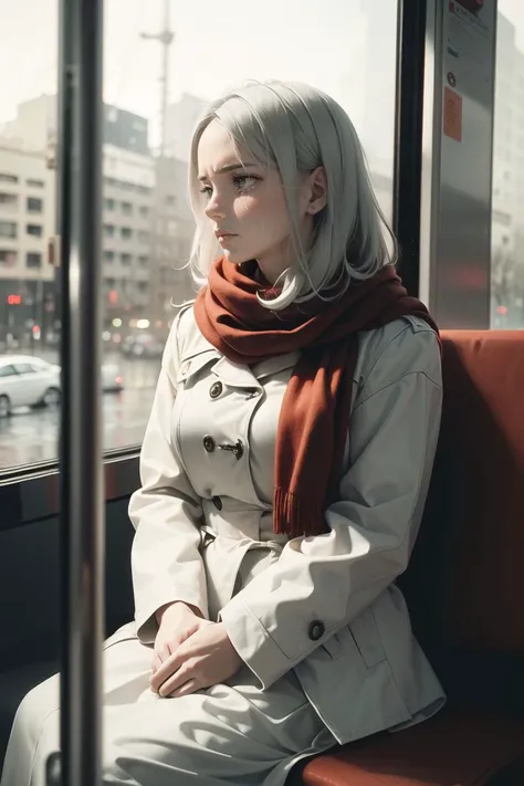 masterpiece, best quality, cowboy shot, raining,, 1girl, medium breasts, white hair, medium length hair, red scarf, white fur coat, looking away, emotionless, tears,
<lora:transportation_by_window:0.65>, transportation_by_window, sitting on the seat,
in the bus, modern city,