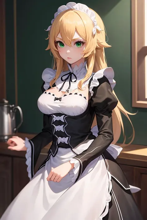 (masterpiece, best quality), 1girl,  <lora:fredericabaumann-lora-nochekaiser:1> frederica baumann, long hair, bangs, hair between eyes, (green eyes:1.5), long sleeves, dress, ribbon, frills, puffy sleeves, apron, black dress, maid, maid headdress, black ribbon, neck ribbon, waist apron, white apron, roswaal mansion maid uniform,
