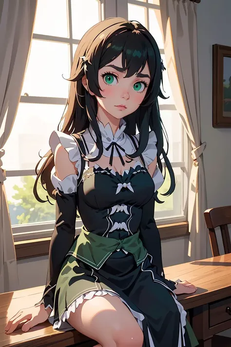 (masterpiece, best quality), 1girl,  <lora:fredericabaumann-lora-nochekaiser:1> frederica baumann, long hair, bangs, hair between eyes, (green eyes:1.5), long sleeves, dress, ribbon, frills, puffy sleeves, apron, black dress, maid, maid headdress, black ribbon, neck ribbon, waist apron, white apron, roswaal mansion maid uniform,