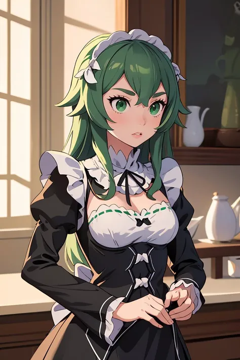 (masterpiece, best quality), 1girl, <lora:fredericabaumann-lora-nochekaiser:1> frederica baumann, long hair, bangs, hair between eyes, (green eyes:1.5), long sleeves, dress, ribbon, frills, puffy sleeves, apron, black dress, maid, maid headdress, black ribbon, neck ribbon, waist apron, white apron, roswaal mansion maid uniform,