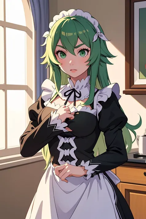 (masterpiece, best quality), 1girl, <lora:fredericabaumann-lora-nochekaiser:1> frederica baumann, long hair, bangs, hair between eyes, (green eyes:1.5), long sleeves, dress, ribbon, frills, puffy sleeves, apron, black dress, maid, maid headdress, black ribbon, neck ribbon, waist apron, white apron, roswaal mansion maid uniform,