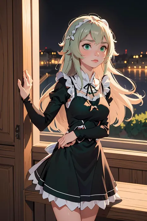 (masterpiece, best quality), 1girl, <lora:fredericabaumann-lora-nochekaiser:1> frederica baumann, long hair, bangs, hair between eyes, (green eyes:1.5), long sleeves, dress, ribbon, frills, puffy sleeves, apron, black dress, maid, maid headdress, black ribbon, neck ribbon, waist apron, white apron, roswaal mansion maid uniform,