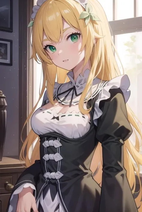 fredericabaumann, <lora:fredericabaumann-lora-nochekaiser:1>,
frederica baumann, long hair, bangs, hair between eyes, (green eyes:1.5), yellow hair, fangs,
BREAK long sleeves, dress, ribbon, frills, puffy sleeves, apron, black dress, maid, maid headdress, black ribbon, neck ribbon, waist apron, white apron, roswaal mansion maid uniform,
BREAK looking at viewer, full body,
BREAK indoors,
BREAK <lyco:GoodHands-beta2:1>, (masterpiece:1.2), best quality, high resolution, unity 8k wallpaper, (illustration:0.8), (beautiful detailed eyes:1.6), extremely detailed face, perfect lighting, extremely detailed CG, (perfect hands, perfect anatomy),