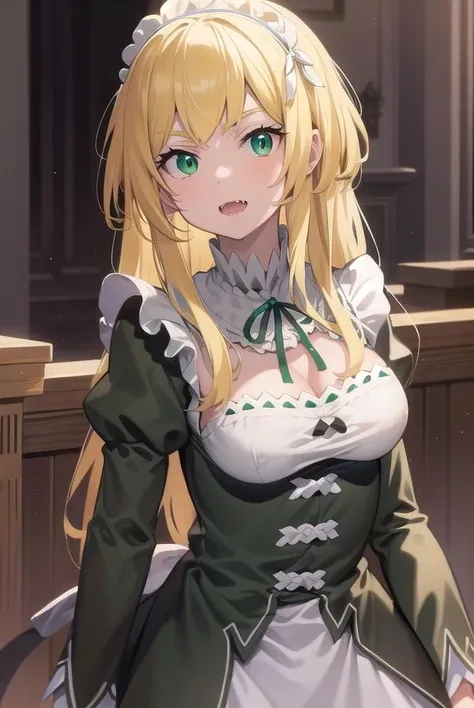 fredericabaumann, <lora:fredericabaumann-lora-nochekaiser:1>,
frederica baumann, long hair, bangs, hair between eyes, (green eyes:1.5), yellow hair, fangs,
BREAK long sleeves, dress, ribbon, frills, puffy sleeves, apron, black dress, maid, maid headdress, black ribbon, neck ribbon, waist apron, white apron, roswaal mansion maid uniform,
BREAK looking at viewer, full body,
BREAK indoors,
BREAK <lyco:GoodHands-beta2:1>, (masterpiece:1.2), best quality, high resolution, unity 8k wallpaper, (illustration:0.8), (beautiful detailed eyes:1.6), extremely detailed face, perfect lighting, extremely detailed CG, (perfect hands, perfect anatomy),