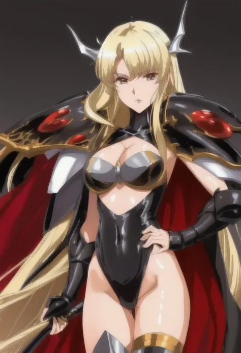 high quality, extremely detailed, perfect face,  <lora:LanaLG2:.9>, Lana, black leotard, cape, asymmetrical armor, long blonde hair, hairpiece, extremely glossy