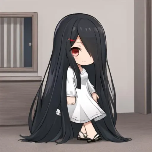 ((masterpiece)),(best quality), sadako_yamamura, white dress, red eyes, <lora:Sadakobest:0.8>, <lora:arknightsChibiLora_v1:1>,chibi, full body