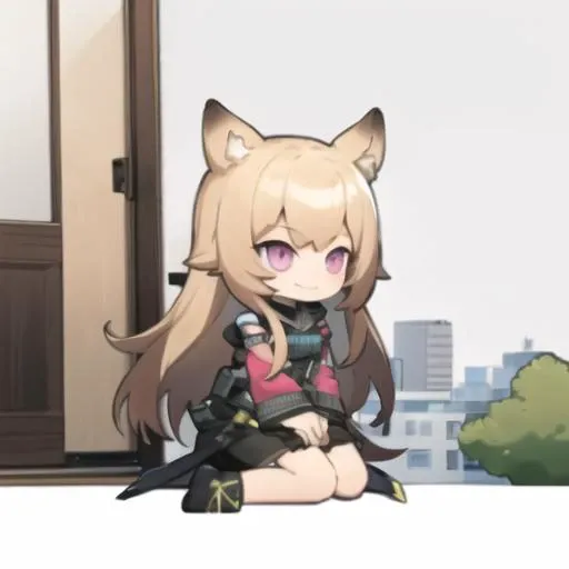 chibi, full body, 1girl, sitting, long hair, brown hair, pink eyes, animal ears, smiling, outdoors, (flat shading:1.1), <lora:Arknights_Chibi_Full_body_v1:1>