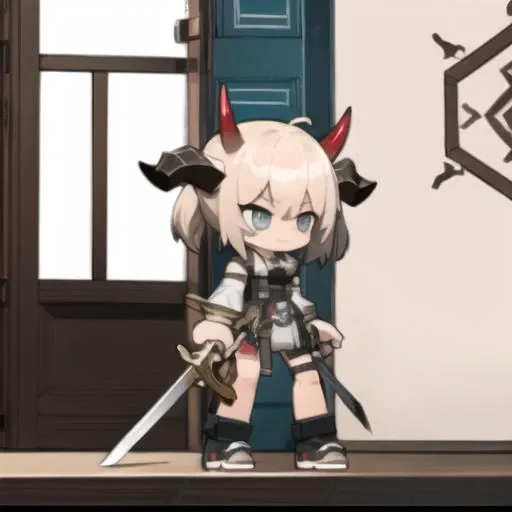 chibi, full body, 1girl, horns, holding sword, indoors, smug, (flat shading:1.1),  <lora:Arknights_Chibi_Full_body_v1:1>