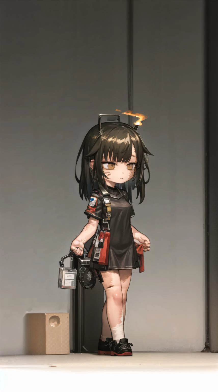 masterpiece, best quality, 1girl, <lora:karahara_shima_v1:1>, karahara shima, brown eyes, black hair, burn scars, <lora:styleArknightsChibi:0.8>, chibi, full body, flat colors, arknights-inspired clothing