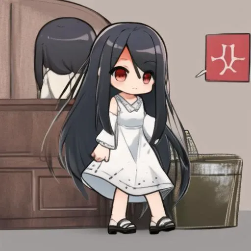 ((masterpiece)),(best quality), sadako_yamamura, white dress, red eyes, <lora:Sadakobest:0.8>, <lora:arknightsChibiLora_v1:1>,chibi, full body