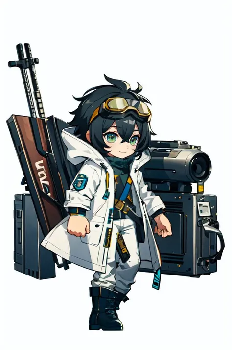 ultra detailed, masterpiece, best quality, solo, <lora:AKTEST:1> chibi, full body,
smile,
1boy, green eyes, short hair, black hair, bangs, hair between eyes, messy hair,
(goggles on head:1.3), headband, white coat, hooded coat, hood down, open coat, turtleneck, capri pants, pants, black knee boots,