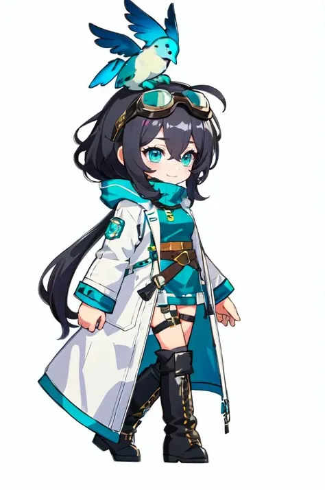 ultra detailed, masterpiece, best quality, solo,  <lora:AKTEST:1> chibi, full body,
smile,
1girl, (teal eyes:1.1), (aqua eyes:0.45), (black hair:1.2), <lora:low_ponytail-1.0:0.95> low ponytail, ahoge, low ponytail, absurdly long hair, very long hair, (hair flaps:1.2), flipped hair, hair between eyes, bangs, messy hair, small breasts,
(goggles on head:1.3), hooded coat, open coat, turtleneck, capri pants, black knee boots, multiple belts, multiple straps, white long jacket, white coat, (half-skirt:0.65), layered clothes, hair ribbon,