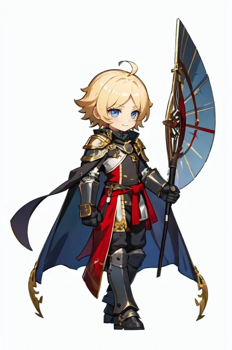 ultra detailed, masterpiece, best quality, solo,  <lora:AKTEST:1> chibi, full body,
smile,
1boy, blue eyes, medium blonde hair, parted bangs, hair intakes, male focus, muscular male,
armor, pauldrons, cuirass, gauntlets, waist cape, greaves, black bodysuit, surcoat, shoulder sash, wing shoulder armor, cape, pants,