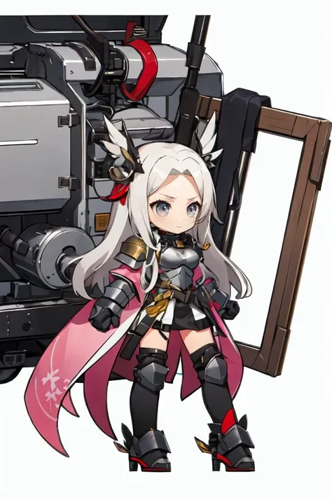 ultra detailed, masterpiece, best quality, solo, <lora:AKTEST:1> chibi, full body,
serious,
1girl, (white eyes:1.1), (grey eyes:1.3), white hair, very long hair, parted hair, parted bangs, <lora:parted_hair_v1.3:1.3>, medium breasts,
valkyrie, (bodysuit:1.1), pink wing hair ornament, grey armored skirt, black bodysuit, armor, gauntlets, pink breastplate, greaves, armored dress, pink hues,