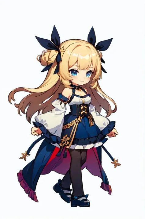 ultra detailed, masterpiece, best quality, solo, soft smile, light smile,
1girl, blue eyes, very long hair, blonde hair, long blonde hair, french braid, bangs, medium breasts,
hair ribbon, frilled choker, criss-cross halter, sleeveless dress, high-waist skirt, backless dress, waist bow, detached sleeves, frilled sleeves, wide sleeves, pantyhose, patterned legwear, mary janes, <lora:AKTEST:1> chibi, full body