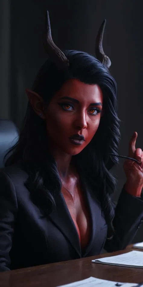 looking at viewer,<lora:Demon Girl:1> demon girl style woman wearing a suit,boardroom,red skin,horns,tail,fire,
intricate detail, photorealism, 8k uhd, dslr, soft lighting, high quality, film grain