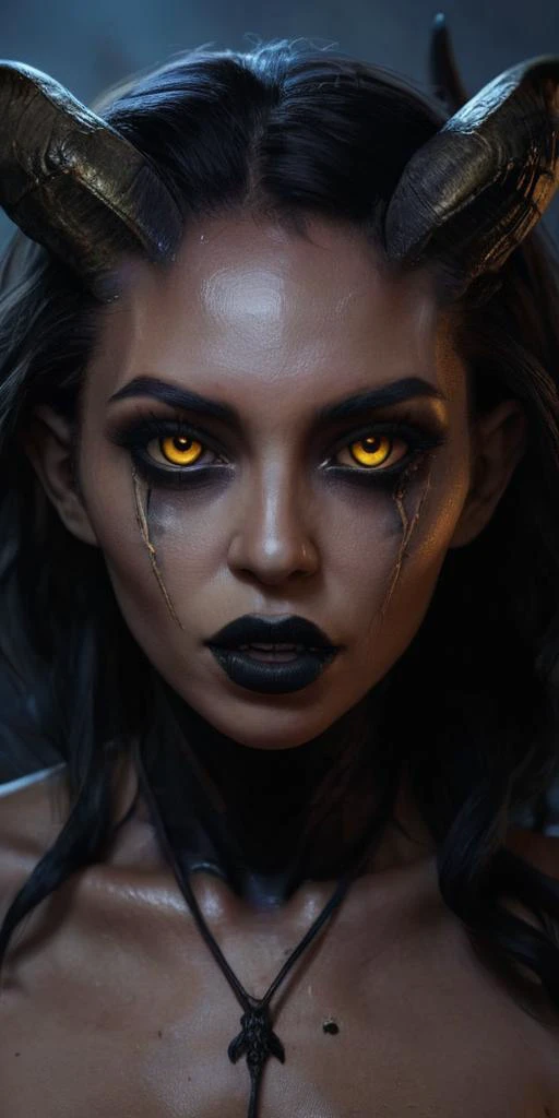 (intricate detail, 8k uhd, dslr, soft lighting, high quality, film grain:1.1),
(looking at viewer:1.1),dark horror at night,
dreamy african female demon with horns (covered in black oil:1.3),loose brunette hair, (gold eyes,gritty:1.2) <lora:Demon Girl:0.75> demon girl style