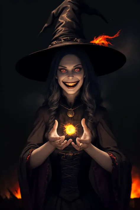 A witch with a wicked grin casting a spell in the foreground and fire lights in the background with the bokeh effect. <lora:Demon Girl:1>