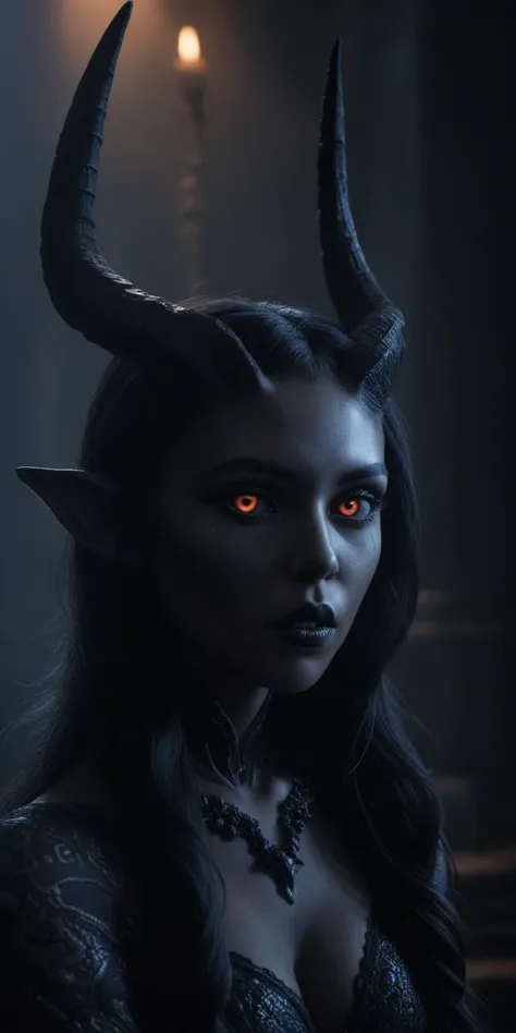 <lora:Demon Girl:0.7> demon girl style beautiful obsidian woman with horns and tail,looking at viewer,dark temple,(shiny glistening obsidian skin:1.4),
intricate detail, photorealism, 8k uhd, dslr, soft lighting, high quality, film grain