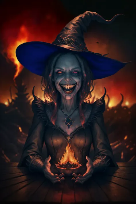 A realistc witch with a wicked grin casting a spell in the foreground and fire lights in the background with the bokeh effect. <lora:Demon Girl:.7> <lora:DREADv5:1> <lora:EdobHorrorLandscape_XL_v1.0:1> <lora:PAseer-SDXL-HorrorSongV2:1>