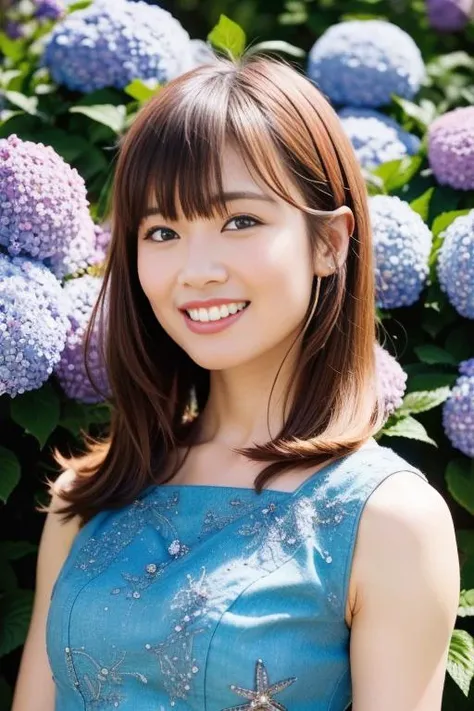 1girl,(RAW photo, best quality), (realistic, photo-realistic:1.4), masterpiece, an extremely delicate and beautiful, extremely detailed, 2k wallpaper, Amazing, finely detail, extremely detailed CG unity 8k wallpaper, ultra-detailed, highres, soft light, beautiful detailed girl, extremely detailed eyes and face, beautiful detailed nose, beautiful detailed eyes,cinematic lighting,perfect anatomy,slender body
wearing a blue peplum dress,blue skirt,(bokeh:1.2)
at a shrine,tall stone stairs,(hydrangea flowers),cloudy
<lora:fuchigamimai_lora:0.8>,smile