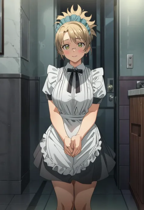 masterpiece,best quality,1girl,solo,looking at viewer,bright light<lora:add_detail:0.7>,jewelry,earrings,bathroom,
 <lora:meisanian:0.9>meisanian, ponytail,maid dress