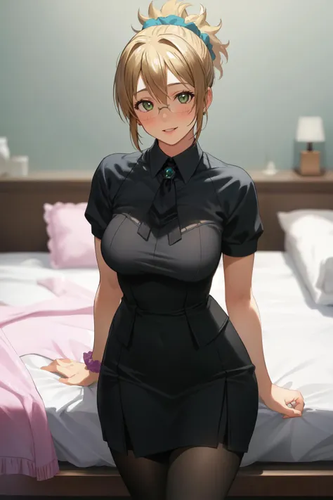 (masterpiece, sidelighting, finely detailed beautiful eyes: 1.2), masterpiece*portrait, realistic, 3d face, lustrous skin,
(1girl:1.4), solo,
BREAK,
(meisanian:1.2), <lora:meisanian:0.6>, 
large breasts, blush, smile, jewelry, glasses, rimless eyewear, earrings, green eyes, scrunchie, hair scrunchie, ponytail, hair ornament, blonde hair, hair between eyes, bangs, brown hair, short hair, parted lips,
BREAK,
skirt, necktie, shirt, green skirt, frills, short sleeves, 
corset,  collared shirt, pantyhose, white shirt, black necktie, dress,  bow, 
BREAK,
portrait, cowboy shot,
BREAK,
indoors,looking at viewer, arms behind back, standing, bed, on bed, sitting on bed,
BREAK,
all focused image,omnifocal image,depth and dimension,best shadow, shadow play, creative expression,detailed design,bright light,
BREAK,
Opulent, Luxurious, Exquisite, Sumptuous, Elegant, Plush, Grand, Splendid, Symbolic, Comfortable, Comfortability, Stately, Majestic, Enchanting, Magnificent
BREAK,
wakame,
