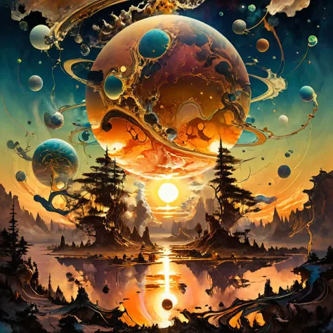<lora:xl_more_art-full_v1:0.7>, (best quality:1.5), (intricate emotional details:1.5), (ultra detailed), (sharp details), a detailed digital illustration of A gas giant with floating islands suspended in its turbulent atmosphere, home to airborne civilizations., Golden hour, (Oil painting:1.3), asymmetric <lora:PE_EpicLand:1> PEEpicLand, <lora:more_details:1>