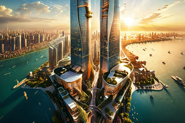 <lora:xl_more_art-full_v1:0.7>, (best quality:1.5), (intricate emotional details:1.5), (ultra detailed),  (sharp details), a detailed digital illustration of [my-custom-wildcards/fantasy-settings:A mega-city stretching vertically into the atmosphere with interconnected skywalks and towering structures:0.3], Sunshine rays, (Romance:1.3), (asymmetry:1.3) <lora:PE_EpicLand:0.7> PEEpicLand, <lora:more_details:1> <lora:sdxlaarg_aerial:0.7> archiaerialview, architecture, sunset