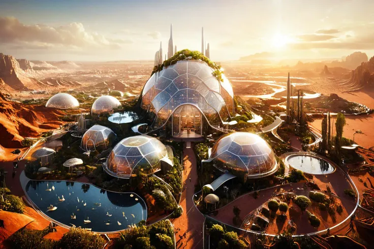 <lora:xl_more_art-full_v1:0.7>, (best quality:1.5), (intricate emotional details:1.5), (ultra detailed),  (sharp details), a detailed digital illustration of [my-custom-wildcards/fantasy-settings:A biodome city on a terraformed Mars, with controlled climates and artificial ecosystems:0.3], Volumetric lighting, (Gothic:1.3), (asymmetry:1.3) <lora:PE_EpicLand:0.7> PEEpicLand, <lora:more_details:1> <lora:sdxlaarg_aerial:0.7> archiaerialview, architecture, sunset