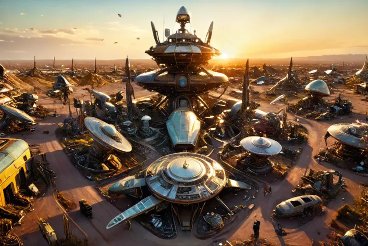 <lora:xl_more_art-full_v1:0.7>, (best quality:1.5), (intricate emotional details:1.5), (ultra detailed),  (sharp details), a detailed digital illustration of [my-custom-wildcards/fantasy-settings:An intergalactic junkyard filled with the remnants of ancient spacecraft and alien artifacts:0.3], Volumetric lighting, (Postmodern:1.3), (asymmetry:1.3) <lora:PE_EpicLand:0.7> PEEpicLand, <lora:more_details:1> <lora:sdxlaarg_aerial:0.7> archiaerialview, architecture, sunset