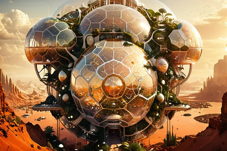 <lora:xl_more_art-full_v1:0.7>, (best quality:1.5), (intricate emotional details:1.5), (ultra detailed),  (sharp details), a detailed digital illustration of [my-custom-wildcards/fantasy-settings:A biodome city on a terraformed Mars, with controlled climates and artificial ecosystems:0.3], Golden hour, (Horror:1.3), (asymmetry:1.3) <lora:PE_EpicLand:0.7> PEEpicLand, <lora:more_details:1> <lora:sdxlaarg_aerial:0.7> archiaerialview, architecture, sunset <lora:Sacred_Geometry_XL:0.7> sacred geometry