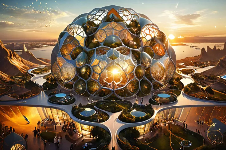 <lora:xl_more_art-full_v1:0.7>, (best quality:1.5), (intricate emotional details:1.5), (ultra detailed),  (sharp details), a detailed digital illustration of [my-custom-wildcards/fantasy-settings:A network of interconnected space habitats, each serving as a unique cultural enclave:0.3], Dramatically lit, (Western:1.3), (asymmetry:1.3) <lora:PE_EpicLand:0.7> PEEpicLand, <lora:more_details:1> <lora:sdxlaarg_aerial:0.7> archiaerialview, architecture, sunset <lora:Sacred_Geometry_XL:0.7> sacred geometry
