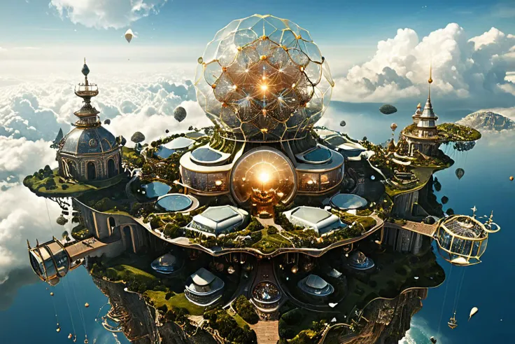 <lora:xl_more_art-full_v1:0.7>, (best quality:1.5), (intricate emotional details:1.5), (ultra detailed),  (sharp details), a detailed digital illustration of [A digital realm within a quantum computer, inhabited by sentient AI entities and virtual landscapes:[A floating fortress in the sky accessible only by airships, surrounded by clouds:0.3], Ambient occlusion, (Retro:1.3), (asymmetry:1.3) <lora:PE_EpicLand:0.7> PEEpicLand, <lora:more_details:1> <lora:sdxlaarg_aerial:0.7> archiaerialview, architecture, sunset <lora:Sacred_Geometry_XL:0.7> sacred geometry