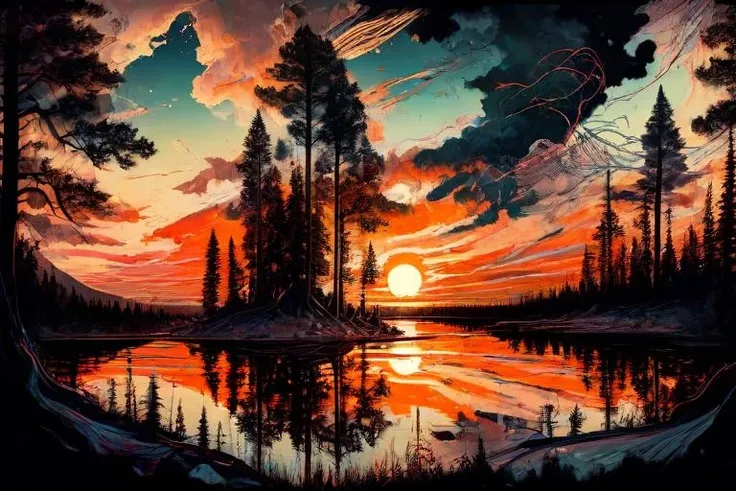 <lora:PE_EpicLand:1> PEEpicLand, illustration,
trees, river, sunset, orange clouds, sky,