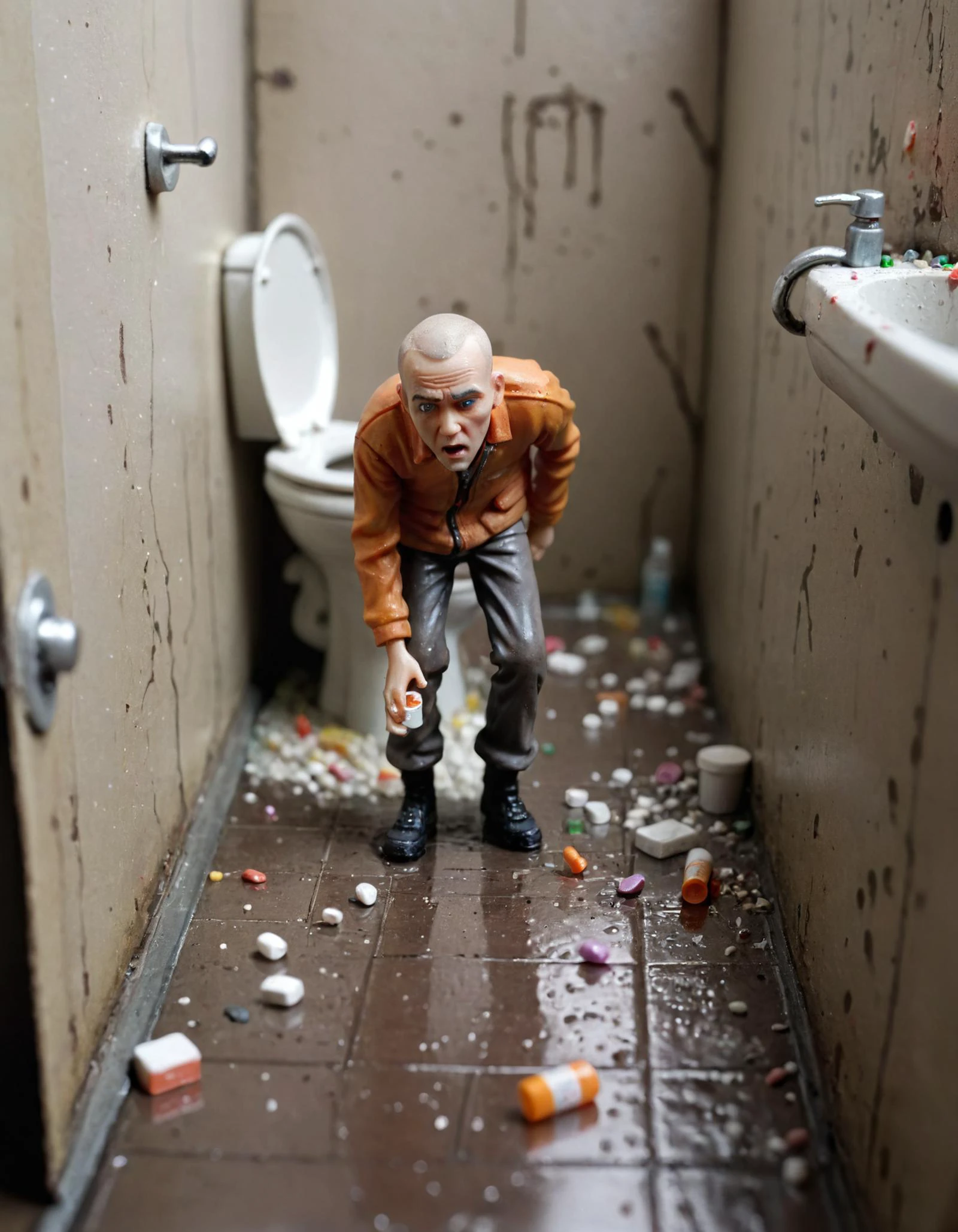 macro, detailed,
(tilt shift photo of a miniature diorama plastic model:1.3), (scene from trainspotting) 1 man, young, skinny, wet clothes, shaved head, climbing out of toilet holding pills in his hand, viewed from low angle, cinematic, dark gloomy public toilet stall, with mess, fifth, stained walls and discarded trash
<lora:Diorama:0.75> diorama <lora:0181 dirty toilet_xl_v2:0.5> ruanyi0181 <lora:FigureXL-000008:0.75> figurine, action figure,