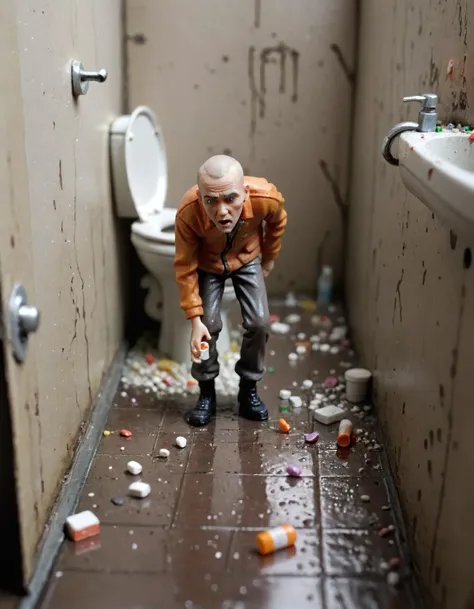 macro, detailed,  
(tilt shift photo of a miniature diorama plastic model:1.3), (scene from trainspotting) 1 man, young, skinny, wet clothes, shaved head, climbing out of toilet holding pills in his hand, viewed from low angle, cinematic, dark gloomy public toilet stall, with mess, fifth, stained walls and discarded trash
 <lora:Diorama:0.75> diorama   <lora:0181 dirty toilet_xl_v2:0.5> ruanyi0181 <lora:FigureXL-000008:0.75> figurine, action figure,