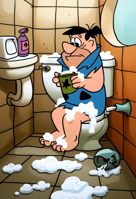 score_9, score_8_up, score_7_up, FredFlintstone, solo, sitting on toilet, legs together, ruanyi0181, bottle, box, coffee, cup, faucet, indoors, soap, soap bottle, still life, tile floor, tile wall, tiles, toilet, toilet paper, trash can, water, dirty, dirty toilets, dim lighting, Fallen tiles reveal bricks, <lora:0181 dirty toilet_v1_pony:0.8>, <lora:FredFlintstone:1>