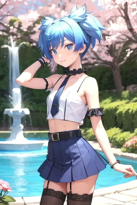 (medium-full shot, masterpiece, best_quality, ultra-detailed, immaculate:1.3),
BREAK
 <lora:shiota_nagisa, blue eyes, short twintails,:0.7> shiota_nagisa, otoko no ko, 1boy, male focus, blue hair, short twintails, flat chest, exposed midriff, exposed Venus line, demure little smile, slight blush, thigh highs, red gothic pleated miniskirt with frills, black off shoulder cropped shirt, belt choker, belt wristbands, lace ribbons, looking at viewer, tucking hair behind ear, outside, cherry blossoms, fountain in background
<lora:red mini skirt, black off shoulder punk shirt, thigh highs:0.8>
<lora:Small-15:0.3>
<lora:more_details:0.5>
BREAK