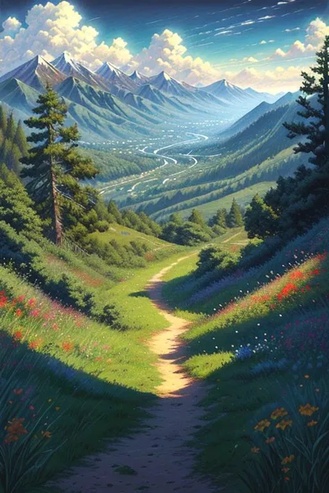 A landscape painting in the style of Impressionism of a winding dirt path leading into a lush green mountain valley. In the distance, there are snow-capped mountains, studio ghibli,
BREAK (masterpiece, best quality:1.2), outdoors, nature, forest, pines, grass, tall grass, detailed grass, plants, day, clouds,<lora:add_detail:0.3>