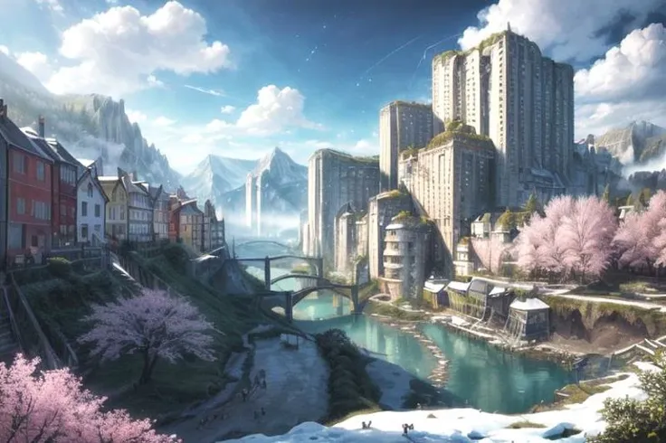 (RAW photo, 8k uhd, Analog style, Masterpiece, Best Quality, Highres:1.4), (dramatic, cinematic:1.2), BREAK,
movie shot of colorful hyperdetailed fantastic fantasy mysterious magic landscape, above clouds, (medieval elven fantasy (village:1.35), (steampunk:1.05) (peasant:1.15) (robots:1.1) (crowd:1.35), playing (little steampunk (girl:1.25):1.1), (farm:1.31), (lake, (river:1.14):1.15), (bridges:1.4), (waterfalls:1.35), (boat:1.4), (dock:1.1), (cliff:1.35), road, (green:1.05) valley, (flowers:1.2), (maple trees:0.65), (green:1.05) (fields:1.3), (fences:1.3), (snowy:1.17) (pines:1.1), (pink:1.0) (flowering tree:1.12):1.22), BREAK,
((mountains:1.22), (futuristic:1.15) (overgrown:1.27) (skyscrapers:1.53) (ruins:1.35), (market, water wheel, castle:1.14), (colorful houses:1.2), birds, stairs, spaceport, ((bright morning sun daylight:1.05) rainbow pure (blue:1.05) sky, glowing:1.05), starry, crescent, meteor, ((fluffy cloud:1.2), godrays, light particles:1.05), various seasons, steam, smokes:1.2), BREAK,
(photorealistic:1.2), (intricate:1.3), (light theme:1.3), (inspiring joyful atmosphere:1.2), (fabulous, fantasy, mysterious, science fiction, post-apocalypse, incredible, amazing, happy, sunny, pastoral:1.2), (hyperdetailed, absurdres:1.2), (colorful, saturated:1.4), colorful lighting, BREAK,
<lora:more_details:1>,