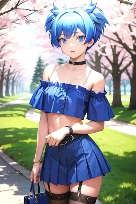 (medium-full shot, masterpiece, best_quality, ultra-detailed, immaculate:1.3),
BREAK
 <lora:shiota_nagisa, blue eyes, short twintails,:0.7> shiota_nagisa, otoko no ko, 1boy, male focus, blue hair, short twintails, shy, demure, slight blush, thigh highs, red gothic pleated miniskirt with frills, black off shoulder cropped shirt, belt choker, belt wristbands, lace ribbons, flat chest, exposed midriff, exposed Venus line, looking at viewer, tucking hair behind ear, outside, cherry blossoms, fountain in background
<lora:red mini skirt, black off shoulder punk shirt, thigh highs:0.8>
<lora:Small-15:0.3>
<lora:more_details:0.5>
BREAK